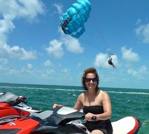 Deb, after parasailing, getting ready for jet skiing, Key West.
